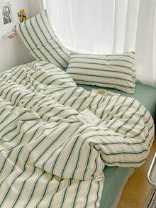 3 件套 100% 涤纶复古绿条纹印花羽绒被套，2 个枕套 + 1 个羽绒被套（无床单），柔软舒适，适合所有季节