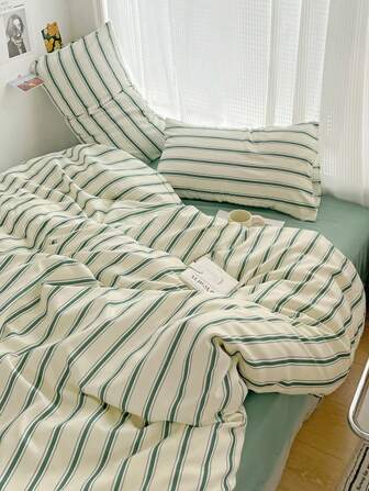 3 件套 100% 涤纶复古绿条纹印花羽绒被套，2 个枕套 + 1 个羽绒被套（无床单），柔软舒适，适合所有季节
