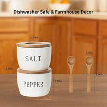 Juego de  cuencos de sal y pimienta, recipientes de cerámica para sal y pimienta con tapa y cuchara de bambú herméticos visibles, juego de salero blanco y pimienta, caja de sal, con tapa - BLANCO - Ver 7