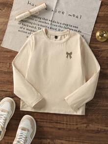 1 件女童休闲印花圆领长袖 T 恤，秋季学生年轻服装 - 杏色 - 查看 4