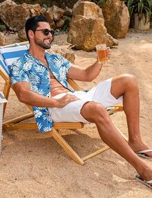 Men's Hawaiian Shirt Cool Summer Hawaii Tshirts Beach Tropic Print V Neck Button Up Tops Floral Short Sleeve Topshalloween - 藍色 - 查看 4