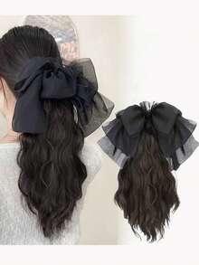 Bowknot Wavy Wig Ponytail Claw Clip, Sweet Low Ponytail Hair Clip For Party, Date