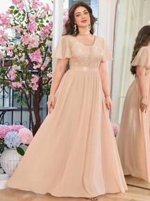 Plus Deep V-Neck Sequin Lace Ruffle Mesh Sleeve Contrast Chiffon Formal Party Long Dress