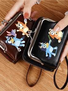 Bluey Bluey Portable Lanyard Faux Leather Multifunctional Short Wallet Cute Bluey Retro Color Print Purse Three Colors Available With Zipper For Valentine's Day Card Holder