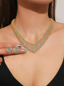 3 件女士简约镂空竹形绿松石项链、耳环首饰套装、金项链和耳环首饰礼物，适合派对、婚礼