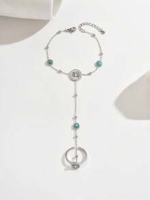 1 件时尚生命树绿松石不锈钢全指环手链，适合女士，宫廷风格高端品质庆祝派对优雅珠宝 - 金黃色 - 查看 9