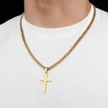 Men's Cross Pendant Necklace, Basic Men's Cross Necklace, Waterproof Non-Fading Stainless Steel Jewelry, High-Quality Thin Chain Cross Pendant Necklace, Cuban Link Cross Necklace, Fashionable Stainless Steel Jewelry, Gift For Him, Suitable For Daily Wear And Party Occasions - Black - View 6
