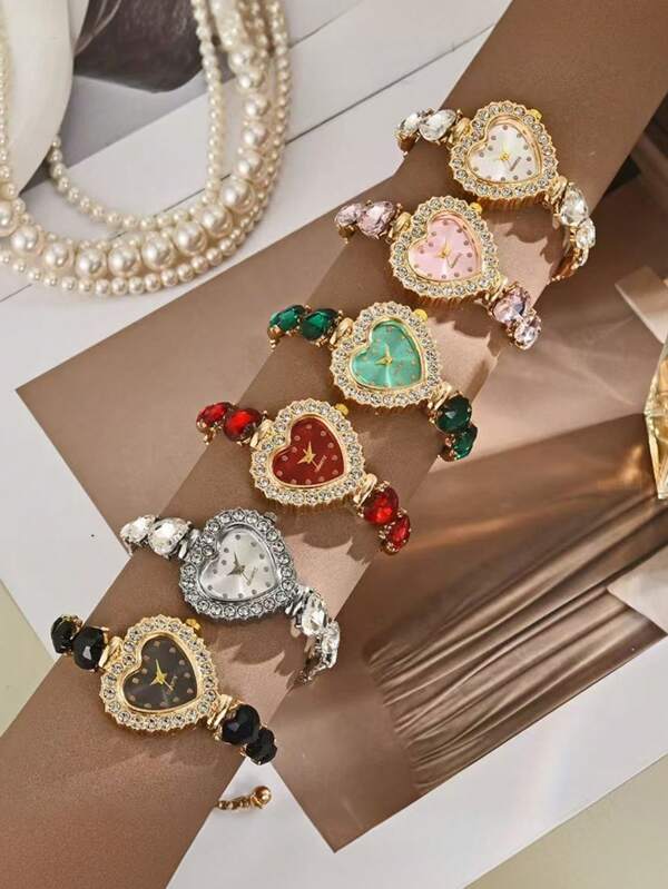 1Pc Ladies' Retractable Strap Fashionable Casual Gorgeous Rhinestone Heart Dial Quartz Watch Suitable For Daily Wear Or Holiday Gift Giving