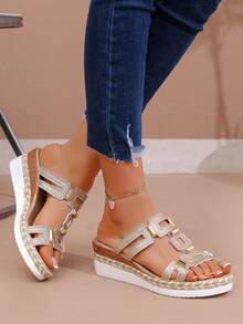 Nuevas sandalias planas de moda para mujer, sandalias bohemias de PU con diseño geométrico de unicolor, hollow-out, playa, festival, boda, escuela, vacaciones, fiesta, verano - Dorado - Ver 5