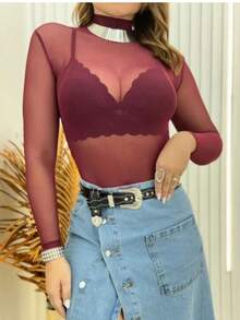 Women's Long Sleeve Transparent Tulle Bodysuit - 紅色 - 查看 1