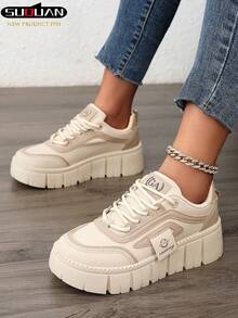 Giày thể thao đế dày cho nữ, giày đế xuồng nhẹ mùa xuân và thu 2025 mới, phù hợp với phong cách thể thao mùa xuân/thu, giày buộc dây màu trắng cho nữ - Màu Khaki - Xem 7