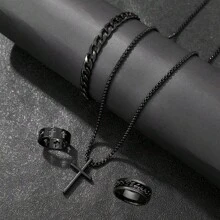 4pcs Hip-Hop Fashion Men'S Jewelry Set, Black Cross Necklace, Bracelet And Ring, The Best Jewelry For Gift Giving Christmas New Year Valentine's Day Holiday Gift