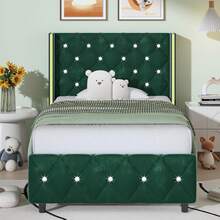 Twin/ Full/ Queen/ King Size Bed Frame, Upholstered Bed Frame With Diamond Headboard And Footboard, No Box Spring Needed With Wood Slat Support, Easy Assembly, Twin Bed Frame/  Full Bed Frame/ King Bed Frame, Black/ Pink/ White/ Purple/ Blue/ Green - 綠色 - 查看 6
