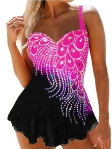 Women Plus Size One-Piece Swimsuit With Rhinestones Contrast Color Swimwear,Sizes S-6XL - Pink - View 2