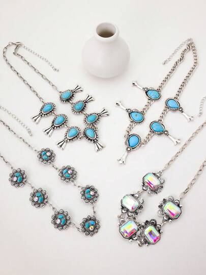 1pc Vintage Palace Style Multi-Color Pomegranate Flower & Turquoise Geometric Pattern Exaggerated Chain Necklace For Women