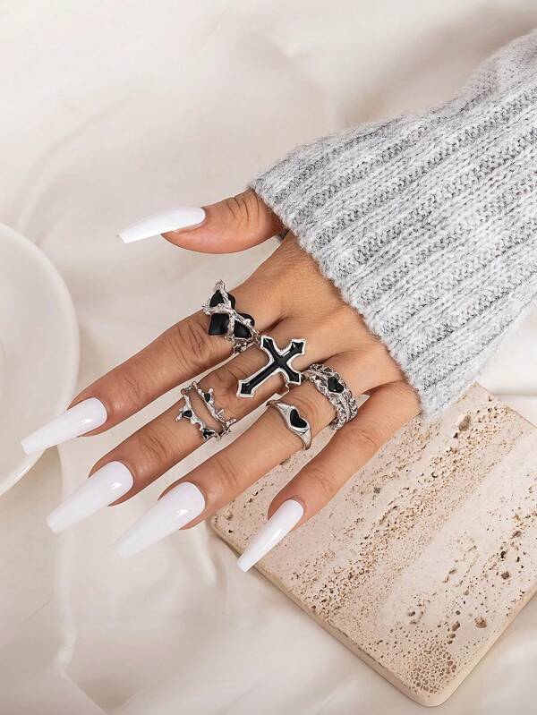 5pcs/Set Vintage Dark Goth Style Heart Shaped Open Ring Set, Antique Black Plated, Wholesale