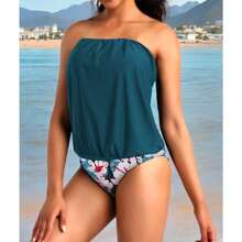 Women 2 Piece Bandeau Tankini Bottom For Tummy Control Stylish Loose Blouson Top Paired With Summer Beachwear - 藍色粉紅色花卉 - 查看 2