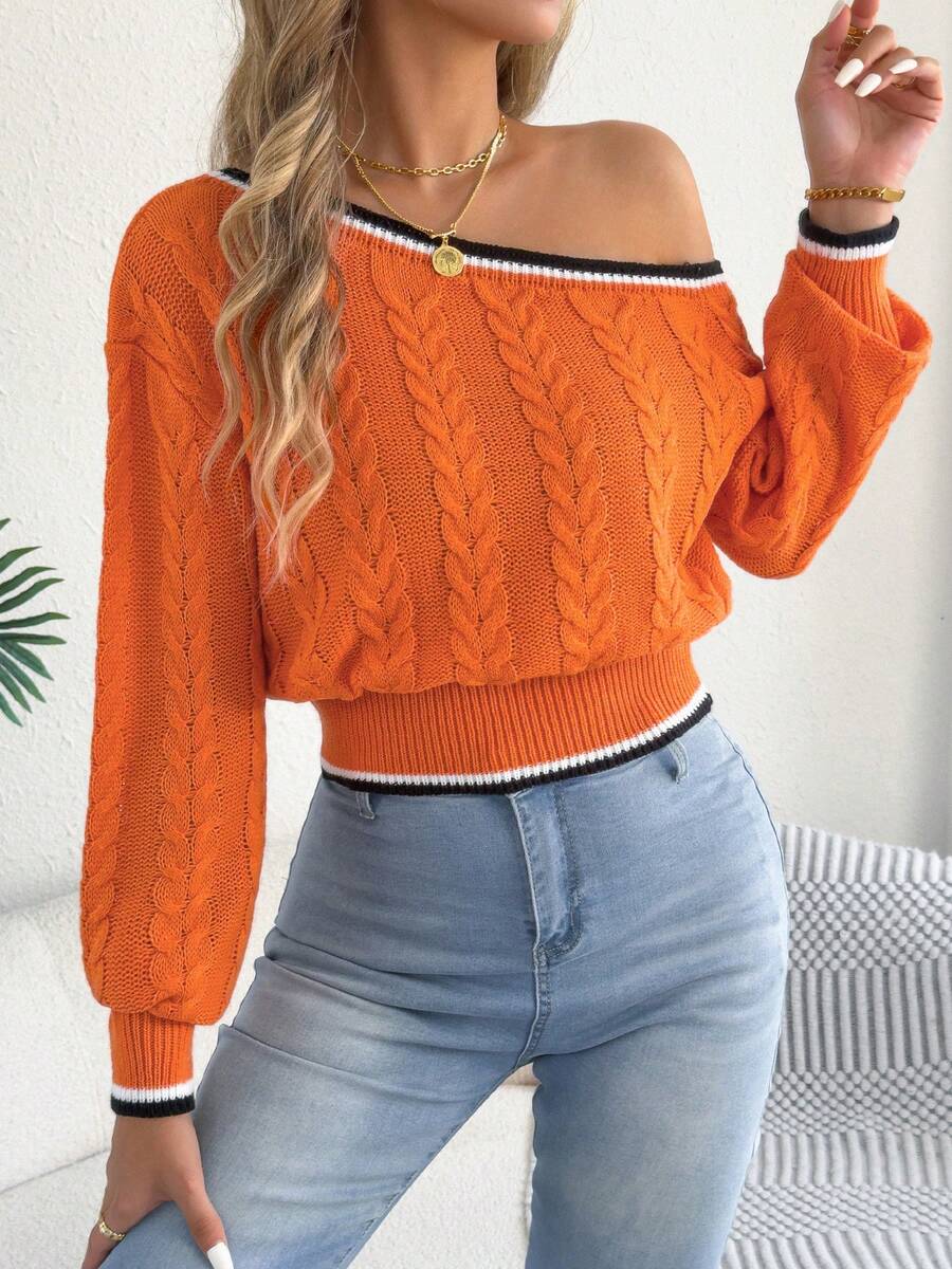 Autumn/Winter Fashionable Sexy Asymmetrical Neck Cable Knit Long Sleeve Sweater