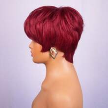 女士短直发精灵短发真人发假发 6 英寸 180% 密度分层机织假发带刘海黑色精灵假发 613 色红色搭配 4# 颜色适合日常佩戴和万圣节