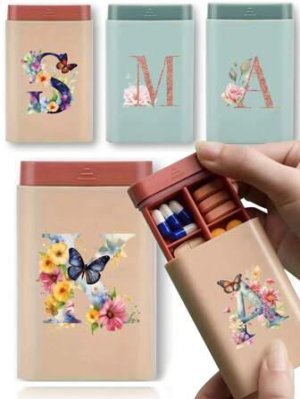 Organizador de pastillas con 6 rejillas - Caja de pastillas de viaje a prueba de humedad para tabletas, vitaminas y medicamentos - Dispensador de organizador de viaje, hogar, camping, senderismo, caza - Estuche de pastillas con inicial de letra 26 - Bolsa de primeros auxilios, accesorios de viaje, artículos esenciales para dormitorio - Organizador de accesorios portátil