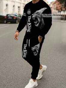2 piezas Conjunto de talla grande para hombre con estampado de león - Sudadera de cuello redondo y pantalón de chándal, Estilo callejero de la letra "The King", Ropa de otoño