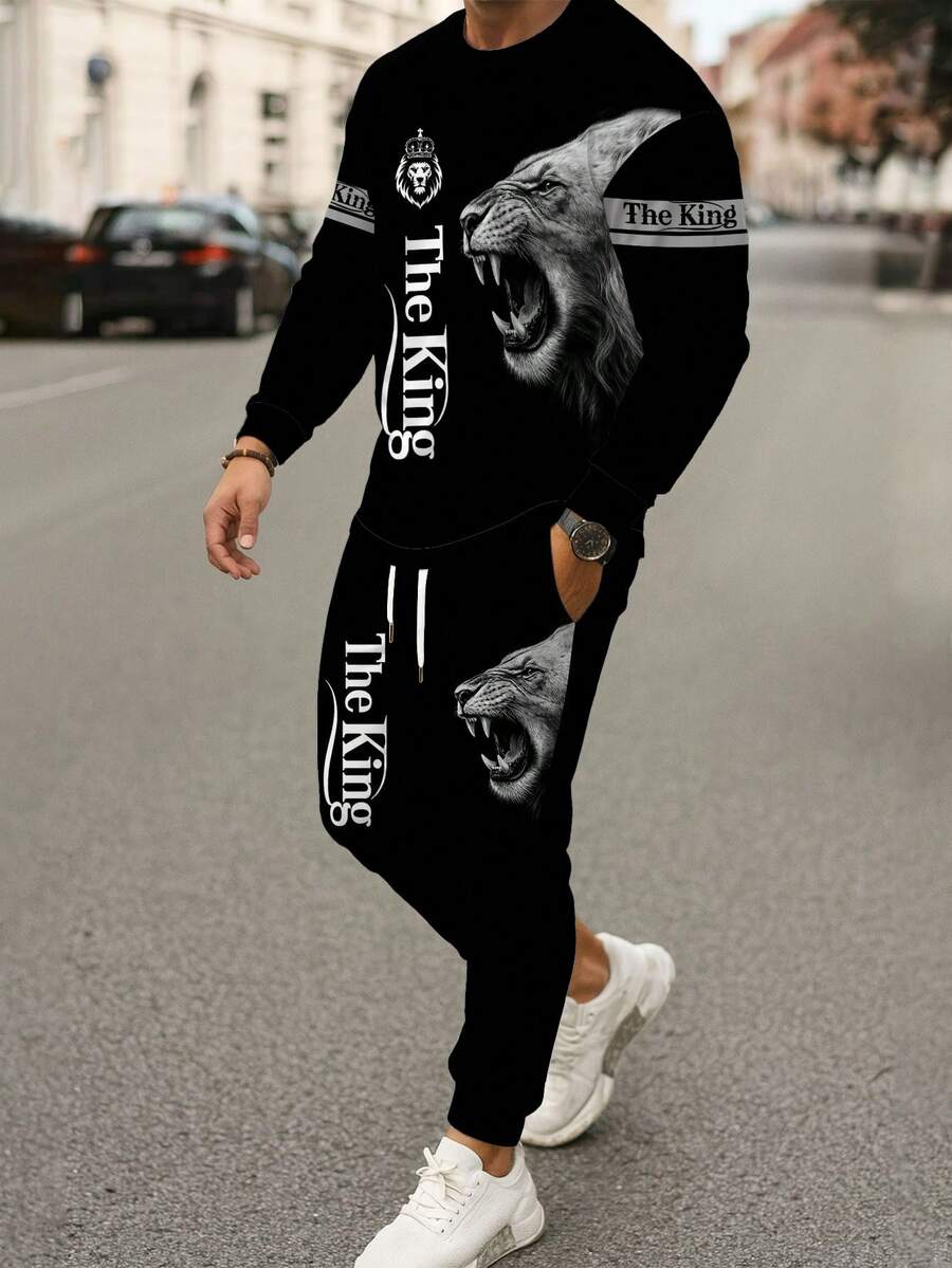 2 piezas Conjunto de talla grande para hombre con estampado de león - Sudadera de cuello redondo y pantalón de chándal, Estilo callejero de la letra "The King", Ropa de otoño