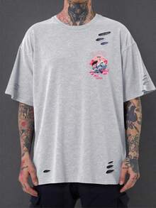 Ribbed cotton men's T-shirt, modern Tokyo print, college style spring and summer new sports men's fashion, fashion soft breathable men's light grey short-sleeved tops - 淺灰色 - 查看 3