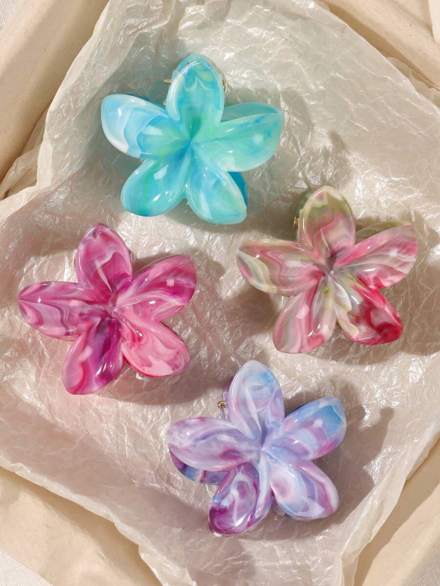 4 piezas de Clips para el cabello de material ABS con diseño de flores y patrón de mármol colorido en estilo bohemio, adecuados para decorar el cabello en primavera/verano, playa, flequillo, accesorios para el cabello de mujer, pinza de garra, accesorios de otoño con flores, para vacaciones y atuendos de mujer en otoño e invierno - Multicolor - Ver 1