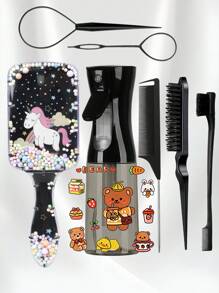 4/6/8Pcs Hair Brush Set And Continuous Spray Bottle(6.8 OZ / 200 ML) With Cartoon Design Waterproof Temporary Tattoos, Ultra Fine Spray Bottle And Edge Brush Bristle Brush Rat Tail Comb Teasing Brush Set For Smoothing Hair, Hairstyling, Cleaning, Salons
