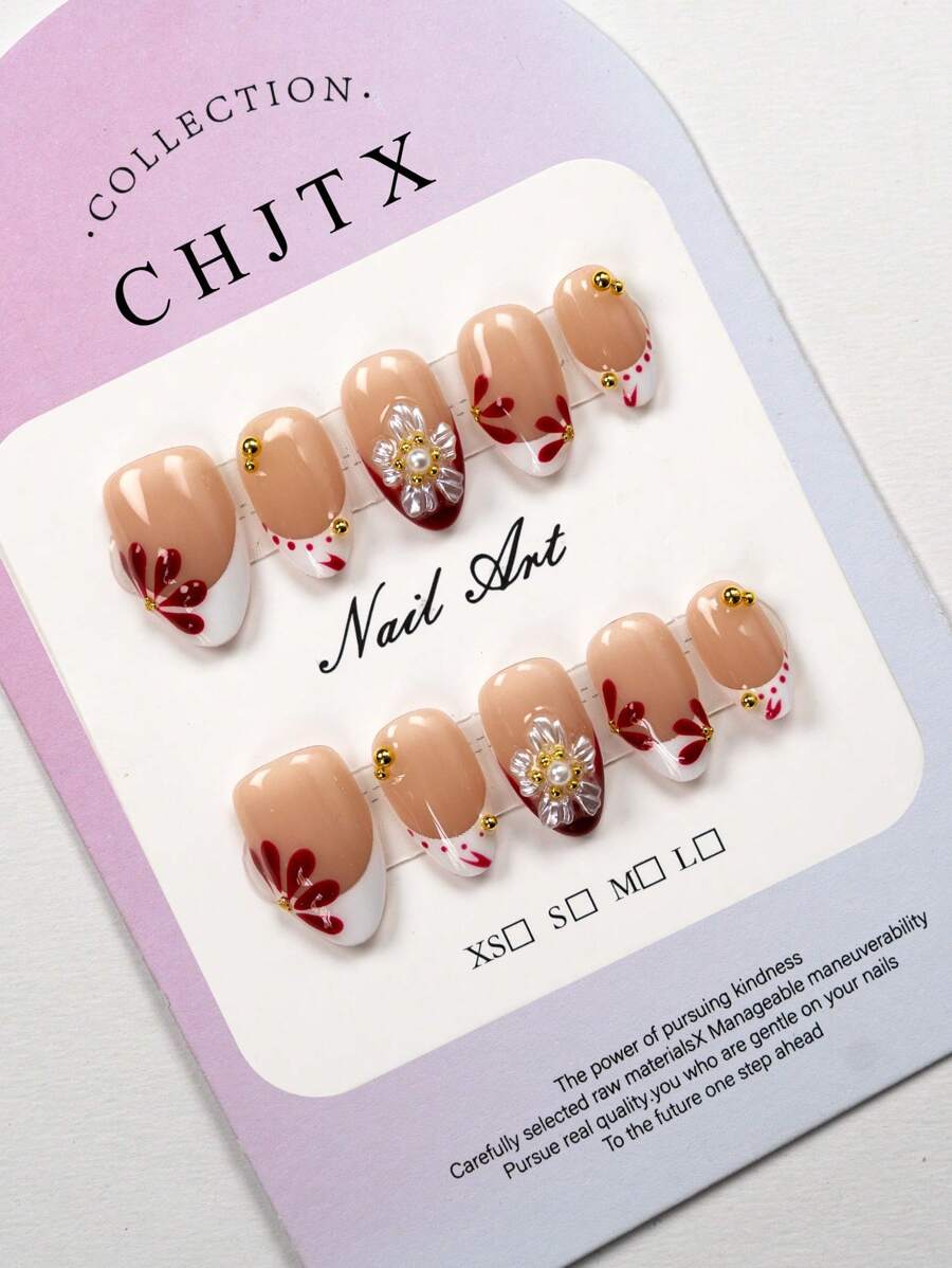 YINZIJIA Unique Design, Short Almond Shaped, 10 Pressed Nails, Pink French 3D Faux Pearls, Ice Crystal Petals Surrounding Faux Pearl Design With Circular Pattern, Short Size, Almond Shaped Pressed Nails, Perfect Gift For Daily Wear And Holiday Parties For Girls And Women In Spring And Summer Nail Supplies Nails