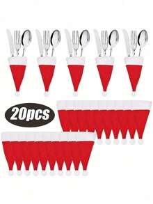 10/20pcs Christmas Hat Cutlery Holders, Mini Non-Woven Fabric Santa Claus Silverware Holders, Lollipop & Wine Bottle Toppers Decor, Dinner Table Decor For Christmas Party, Thanksgiving, And Other Festive Occasions,Christmas - Red - View 5