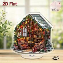 1pc 2D Rotating Acrylic Christmas Corner Decor - Cozy Relaxing Desktop Decoration With Snowy Roof, Wired Chair And Tree, Suitable For Home Or Office, Holiday Home Decor, Holiday Design, Durable Acrylic, Christmas Decoration, Christmas Gift, Christmas Ornament, Desktop Decor