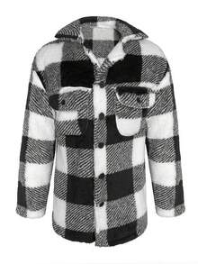 Chaqueta de hombre de felpa, abrigo de solapa de mezcla de lana a cuadros en blanco y negro, estilo casual de calle adecuado para otoño/invierno