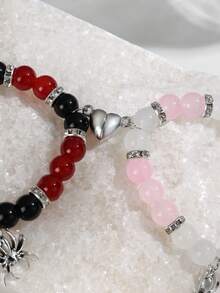 2Pairs Gothic Spider Charm Beaded Bracelets With Magnetic Heart Matching Design - Perfect For Couple Halloween Gift & Fashion Best Friend Hand Accessory ﻿ - Multicolor - View 7