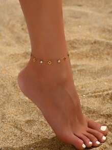 1pc Delicate Women Anklet With Tiny Four-Leaf Clover And Sparkling Zirconia, Suitable For Various Occasions - Yellow Gold - View 13