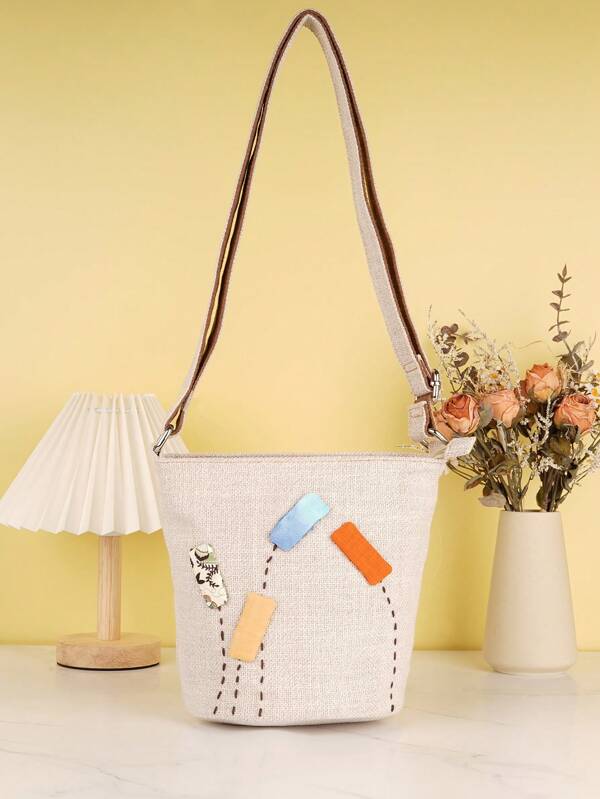 1pc (Random Cut) Bohemian Vintage Handmade Floral Embroidered Shoulder Bag With Compartment, Crossbody Bag