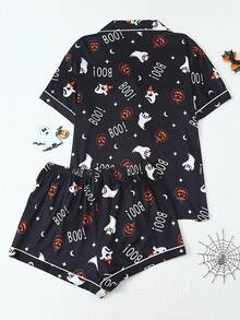 2pcs/Set Funny Ghost Print Short Sleeve Polo Collar Top And Bow Shorts Pajama Set For Women, Suitable For Halloween - Black - View 2