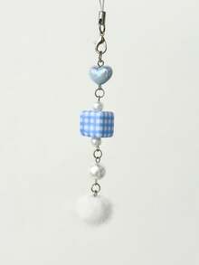 1 pieza Accesorio de cordón de teléfono estilo coreano Ins nuevo para mujer, colgante de llavero de pompón a cuadros lindo, bolso con forma de corazón/Phone Correa colgante