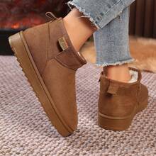 女士纯色毛绒短筒保暖款雪地靴，时尚软底毛绒内衬冬靴，防滑舒适雪地靴 - 駝色 - 查看 2