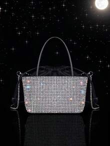 1pc Diamond-Studded Handbag, 2025 New Minimalist High-End Rhinestone Drawstring Shopping Basket Tote Shoulder Crossbody Bag. Metal Chain, Drawstring Closure, Fashion Luxurious Diamond Handbag Suitable For Parties, Banquets, And Social Gatherings. - Multicolor - View 2