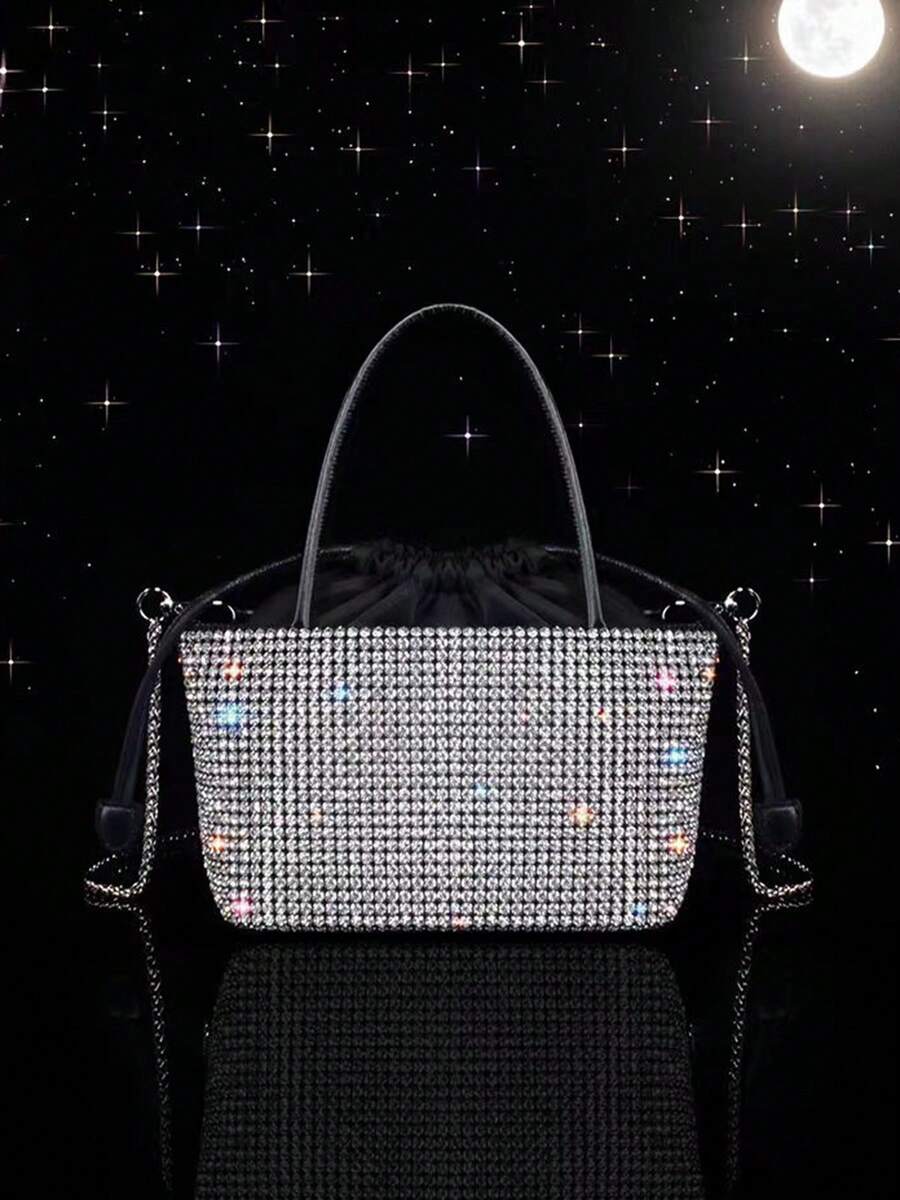 1pc Diamond-Studded Handbag, 2025 New Minimalist High-End Rhinestone Drawstring Shopping Basket Tote Shoulder Crossbody Bag. Metal Chain, Drawstring Closure, Fashion Luxurious Diamond Handbag Suitable For Parties, Banquets, And Social Gatherings.