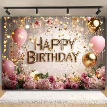 Fundal de pânză pentru petrecere de ziua de naștere - temă balon roz și tort auriu, banner multifuncțional din poliester pentru sărbători în familie
