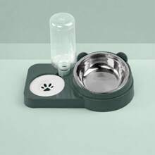 1pc Detachable & Washable Tilted Anti-Spill Anti-Wet Pet Bowl With Bear Ear Design, Large Capacity Dual Bowl With Automatic Water Dispenser, Stainless Steel