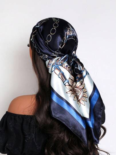 1 st. fyrkantig satinhalsduk för kvinnor, 90 cm, elegant moderiktig bandana med kedjemönster, lämplig för vardagliga och gatukläder som halsduk, pannband, huvudbonad, accessoar till klänning