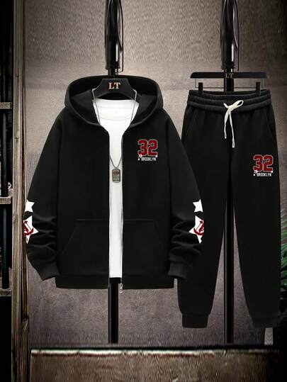 大码男士创意32数字和英文字母印花休闲运动连帽衫+运动裤套装，秋冬