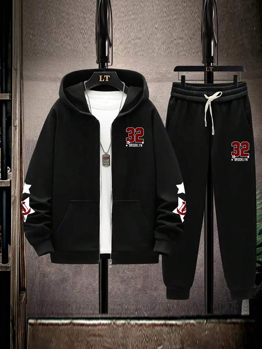 大码男士创意32数字和英文字母印花休闲运动连帽衫+运动裤套装，秋冬