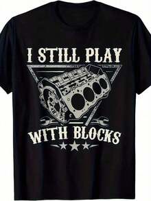 1 Piece, 100% Cotton, Still Playing With Building Blocks, Car Mechanic Engine Pattern Printed T-Shirt, Men's Seasonal Casual T-Shirt, Short Sleeve Crew Neck Cotton T-Shirt, Outdoor Sports T-Shirt, Christmas And Thanksgiving Gift, Sharpening. GUOD - 黑色 - 查看 6