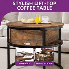 BALCONERA Round Lift-Top Coffee Table With Hidden Storage Compartment – 60x60x47cm - Brown - View 3