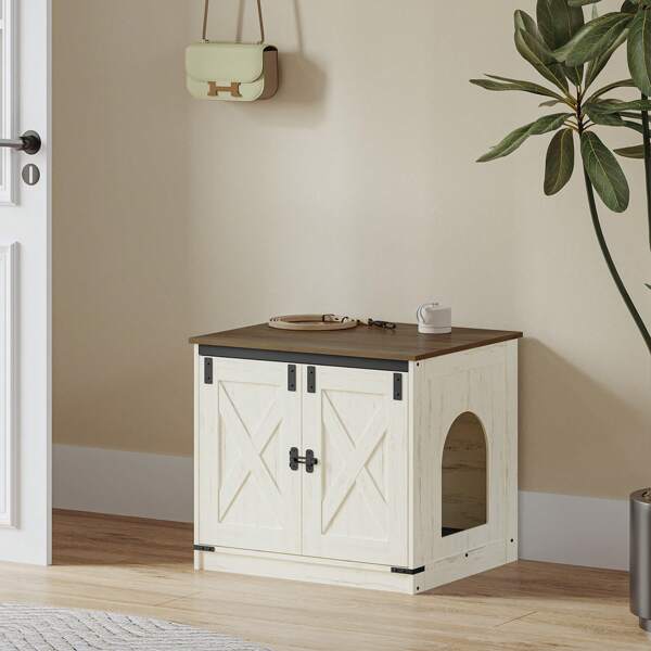 Cat Litter Box Enclosure With Cushion, Hidden Litter Box Furniture With Removable Dividers, Reversible Entrance Left Or Right Side, Cat House, Rustic White And Brown