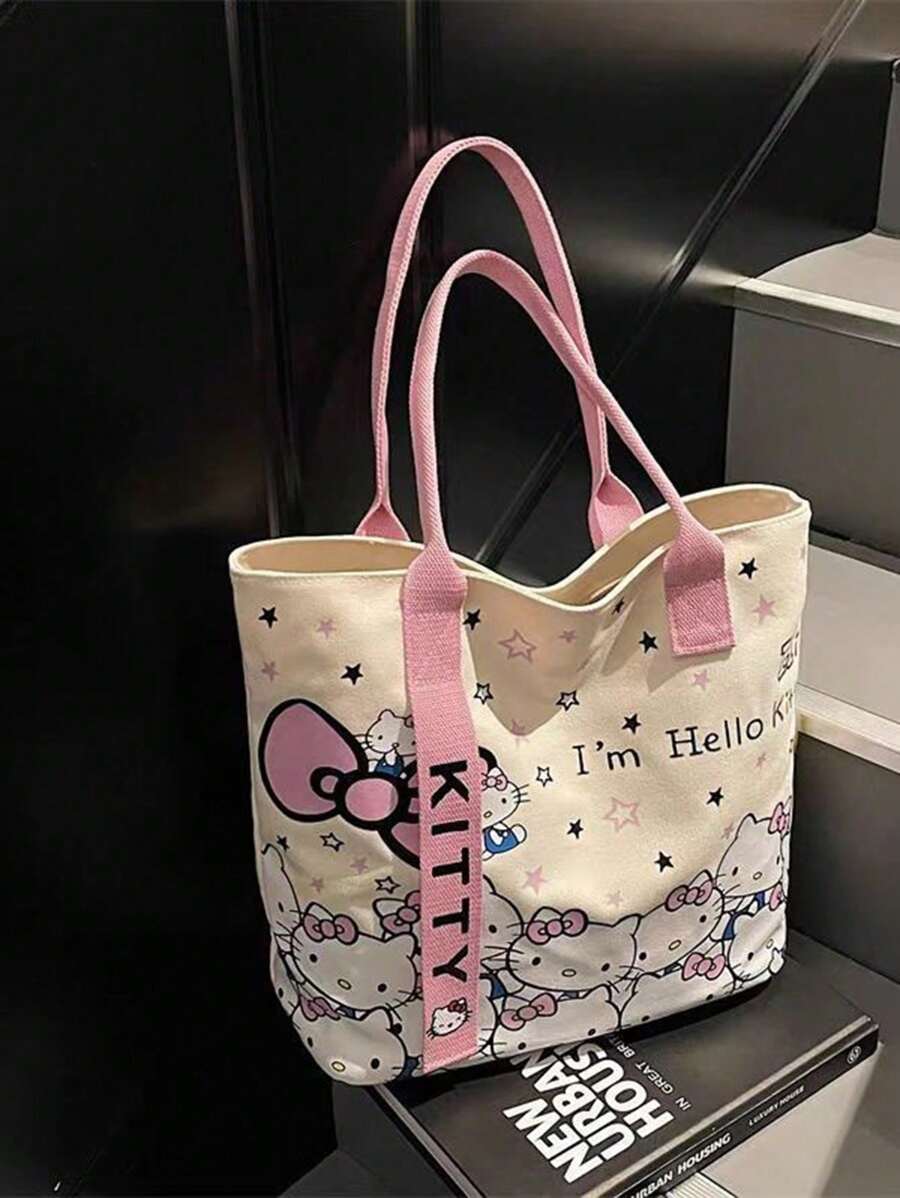 Sanrio Sanrio Sanrio Hello Kitty Canvas Handbag, Cute KT Tote Shoulder Bag, Cartoon Versatile Tote Bag, Large Capacity Commuter Bag, Suitable For Travel, Back To School, Commuting Tote Bag For School